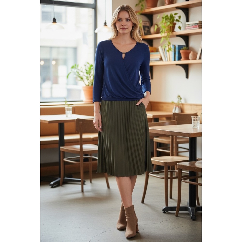 NY&C New York Company Blue‎ Faux Wrap Keyhole Neck Long Sleeve Blouse Top L